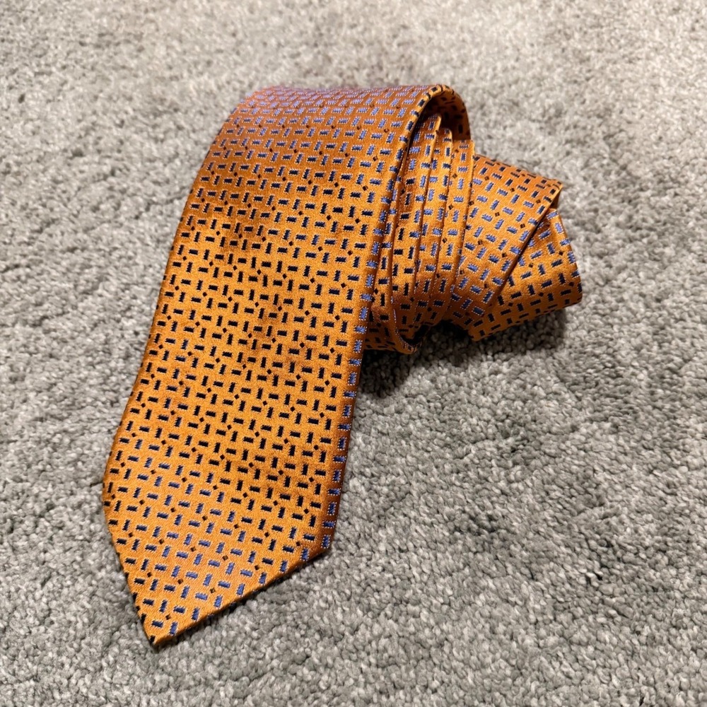 Brioni Mens Silk Necktie‎ Orange Blue Geometric Basketweave Handmade Italy